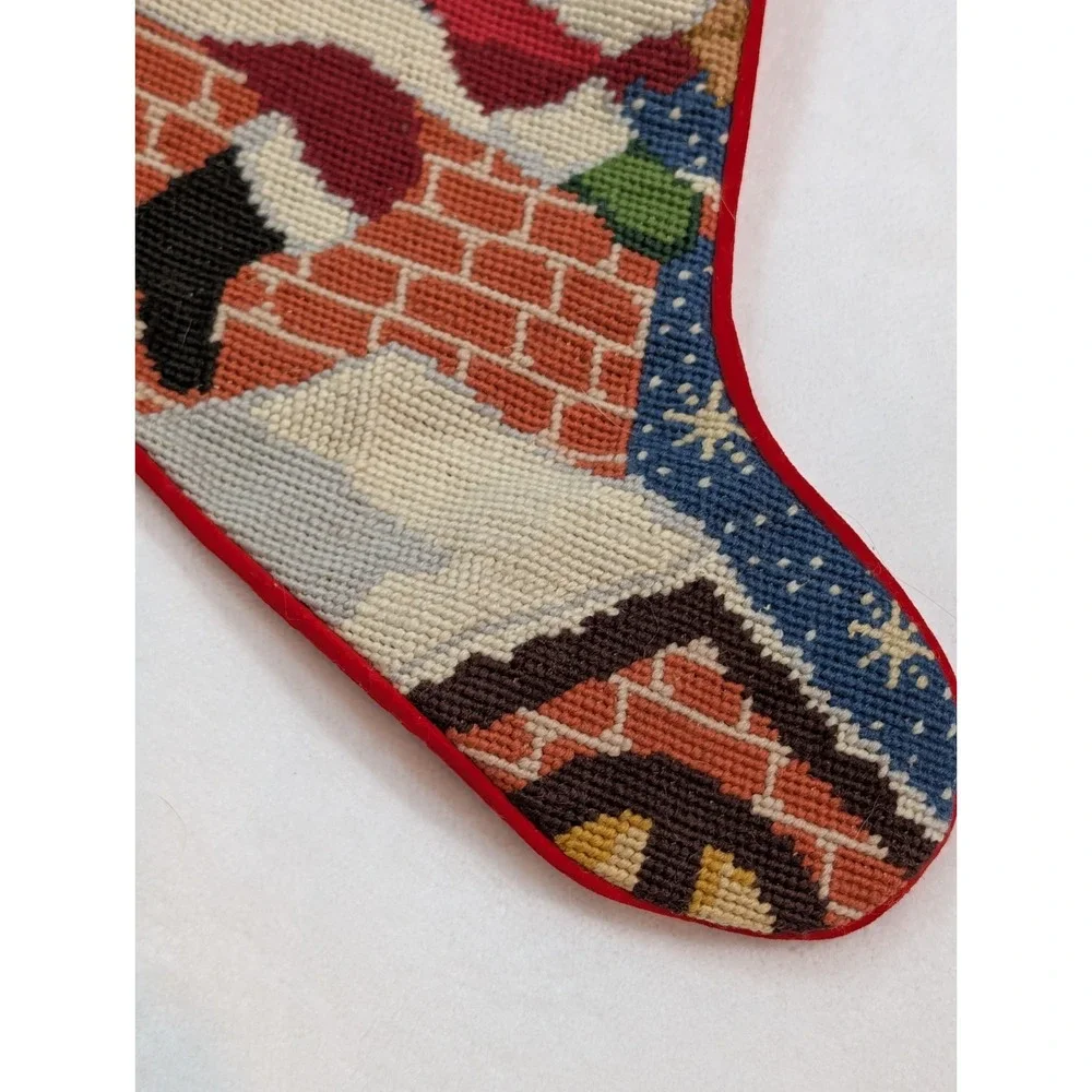 Vintage Christmas Stocking Wool Needlepoint Santa Chimney Roof Bag of Toys Stars